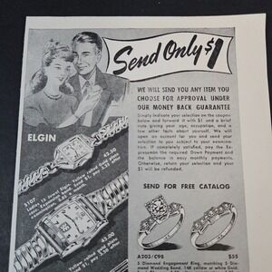 1949 LW Sweet Jeweler Elgin Watch Diamond‎ Ring Vintage Print Ad Happy Couple